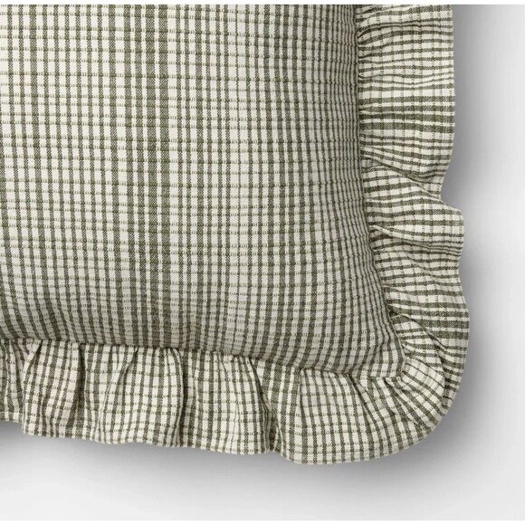 Threshold Studio McGee 24x24 Uneven Plaid Ruffle Pillow Green Tan NEW - Picture 3 of 5
